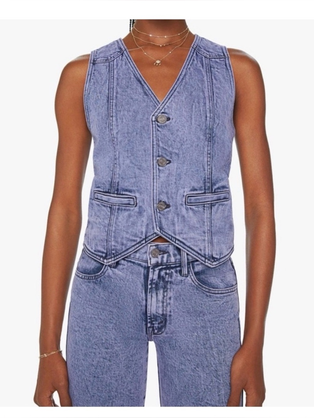 MOTHER Denim Vest Acid Wash Button Front Blue Jean Vest